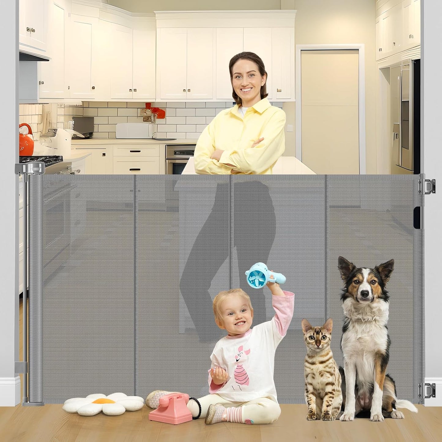 Reinforced 42 Inch Extra Tall Retractable Baby Gate for Pets