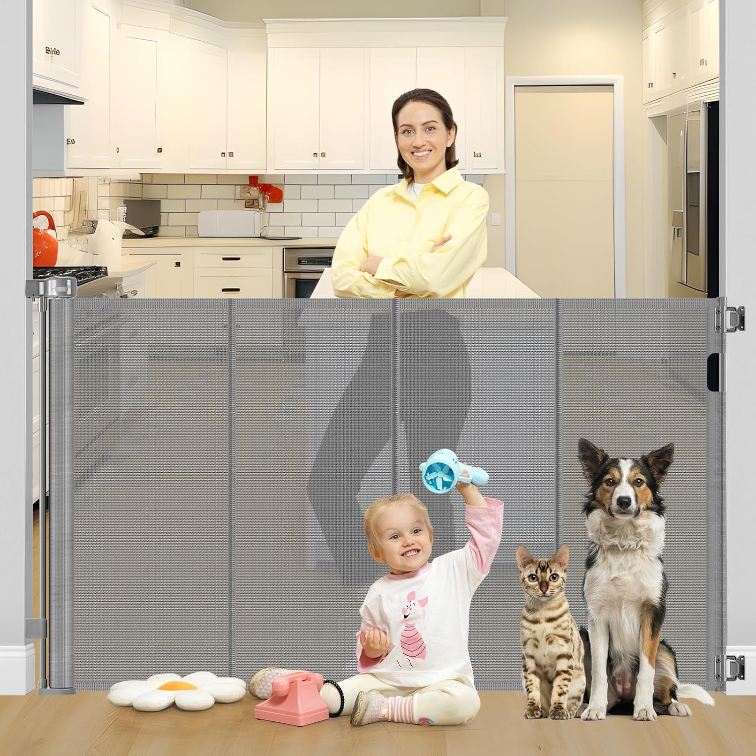Reinforced 42 Inch Extra Tall Retractable Baby Gate for Pets
