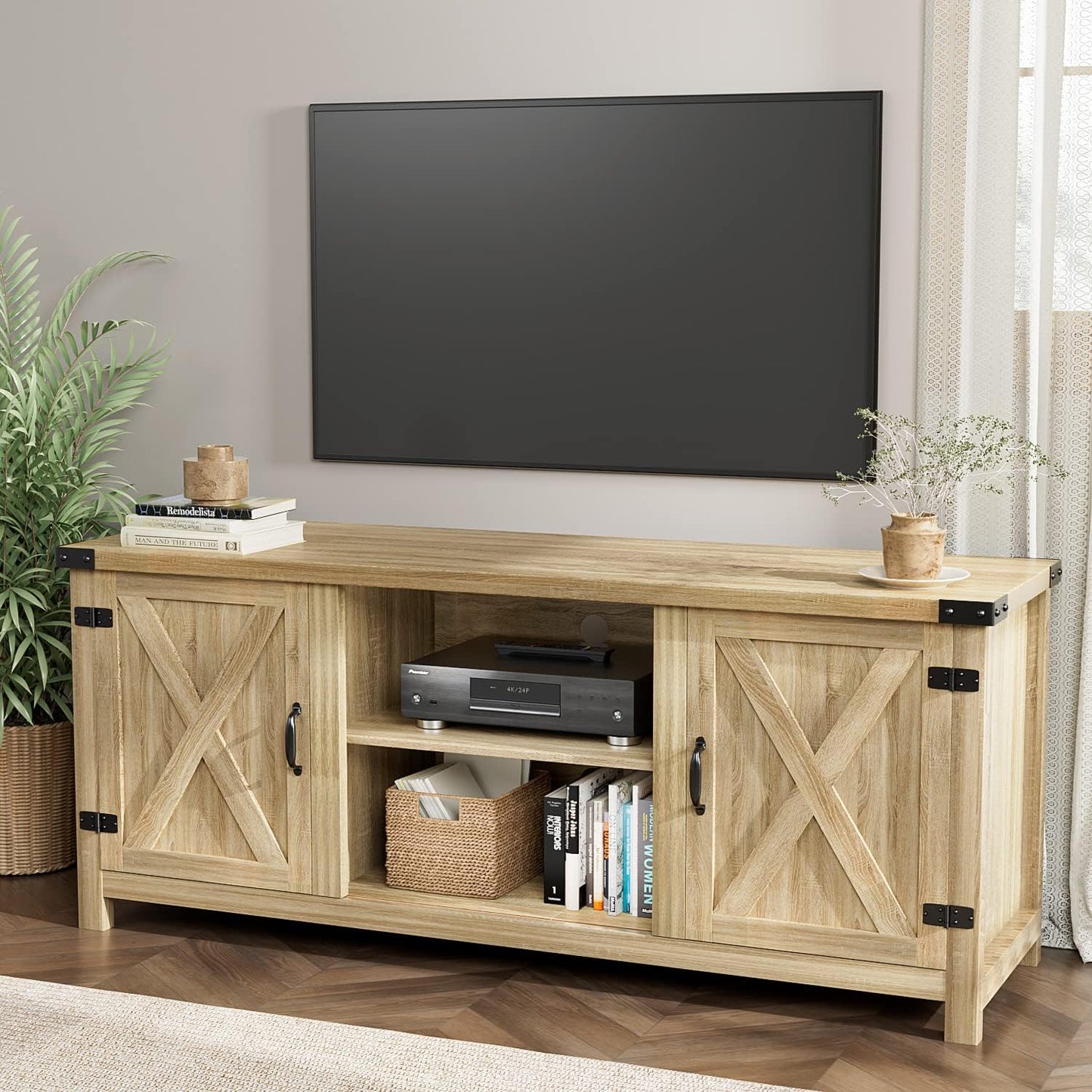 Modern Farmhouse TV Stand with Barn Doors for 65 Inch TVs