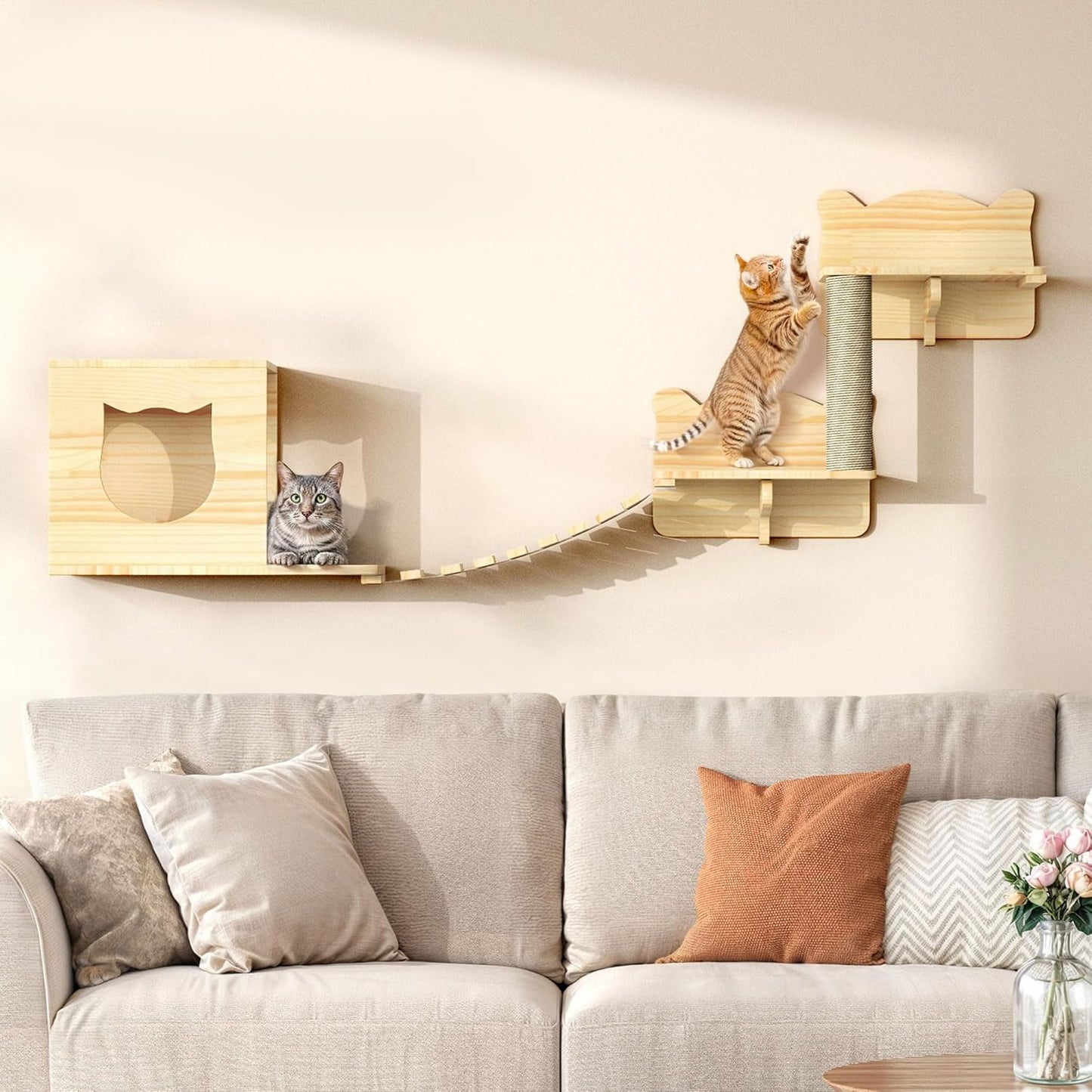 Cat Wall Shelves for Felines - Stylish Pine Wooden Furniture