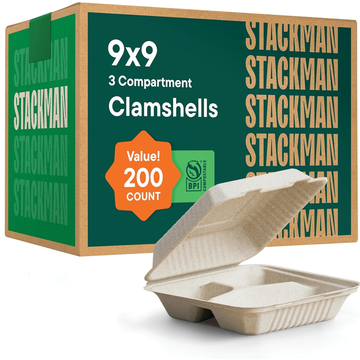 Compostable To Go Containers 9x9in 3-Compartment Clamshells