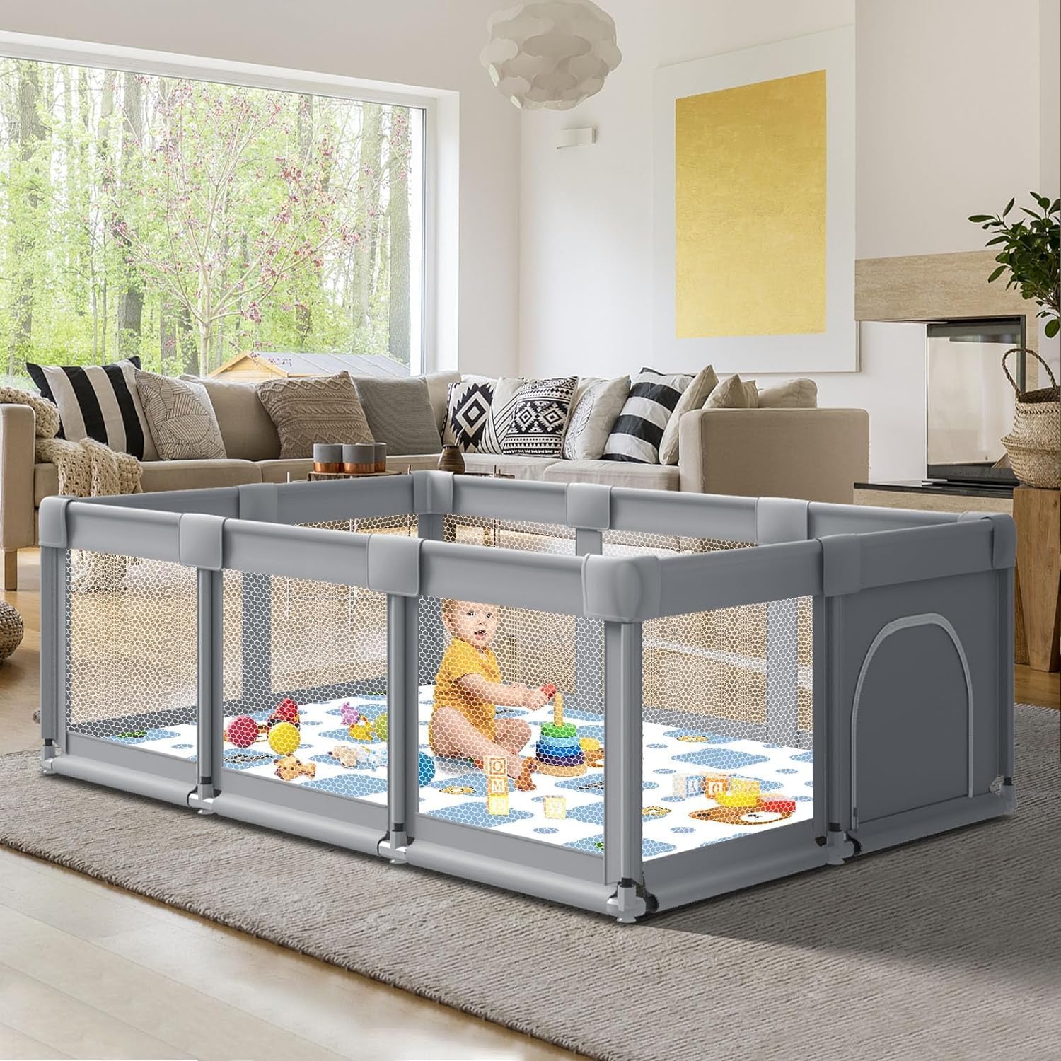 Safe & Spacious Baby Playpen | Sturdy & Soft Mesh | Indoor/Outdoor | Fshibila