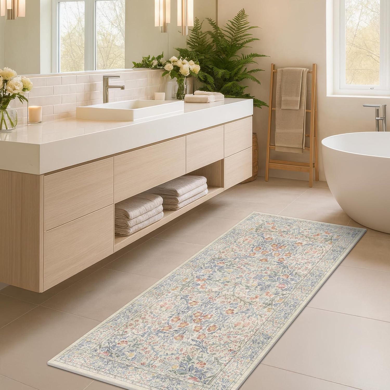 Washable Bathroom Runner Rug 2x5 - Vintage Pastel Elegance