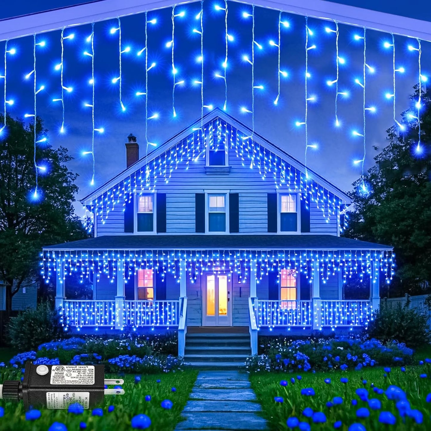 99ft Blue Christmas Lights Outdoor with 1216 LED Icicle Design