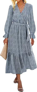 Women Casual Wrap V Neck Swiss Dot Maxi Dress - Flowy Boho Style