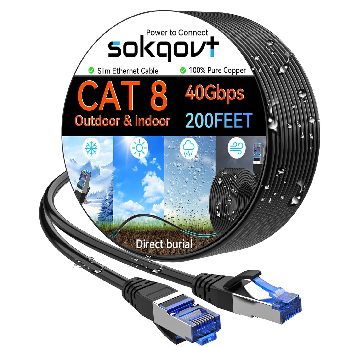 Cat 8 Ethernet Cable Slim 200ft for Outdoor and Indoor Use