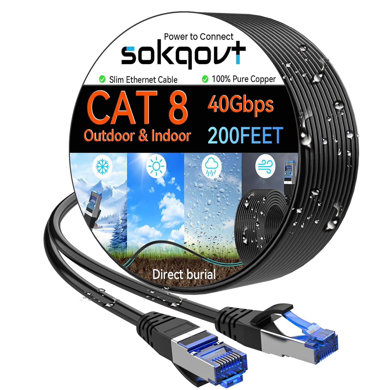 Cat 8 Ethernet Cable Slim 200ft for Outdoor and Indoor Use