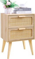 Rattan Nightstand Boho Bedside with 2 Drawers - Natural Rattan Style