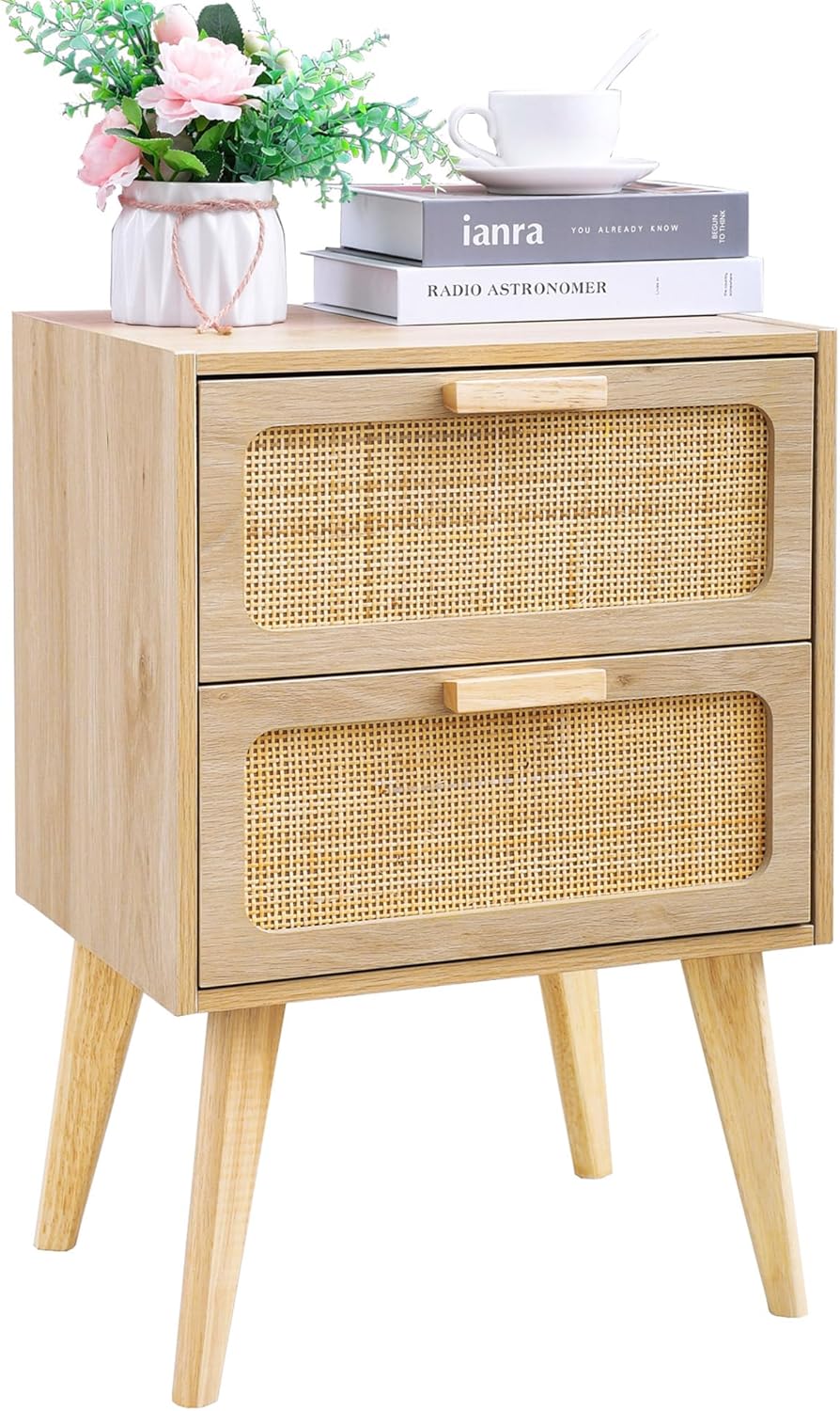 Rattan Nightstand with Storage for Small Spaces, Boho Style