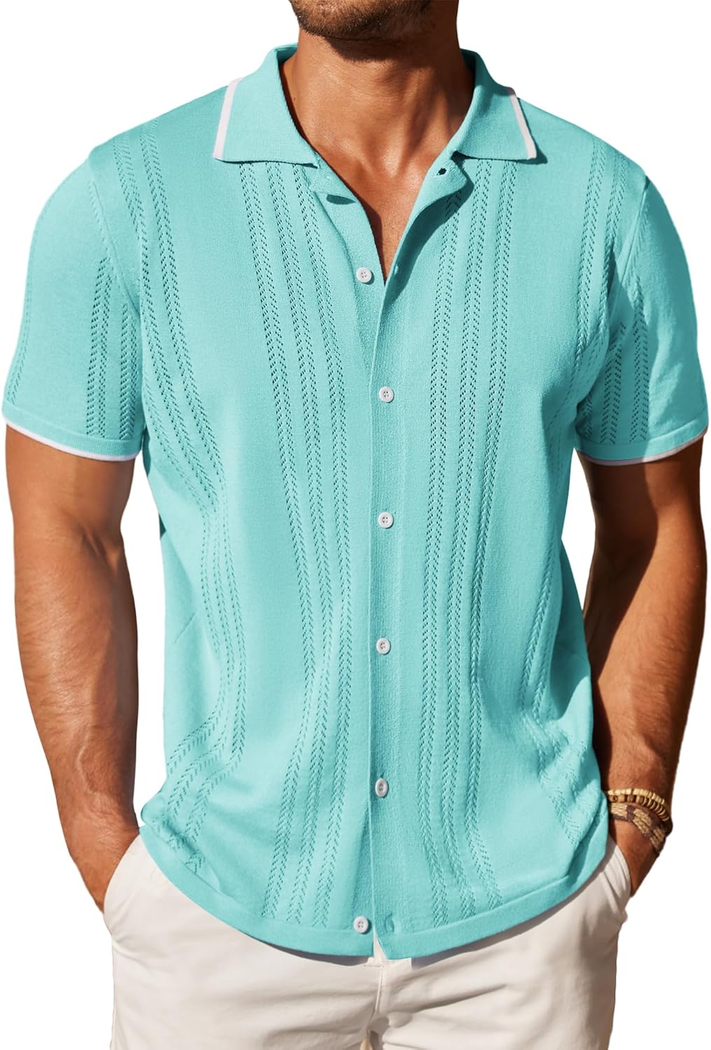 COOFANDY Men's Knit Button Down Shirt for Casual Beach Style