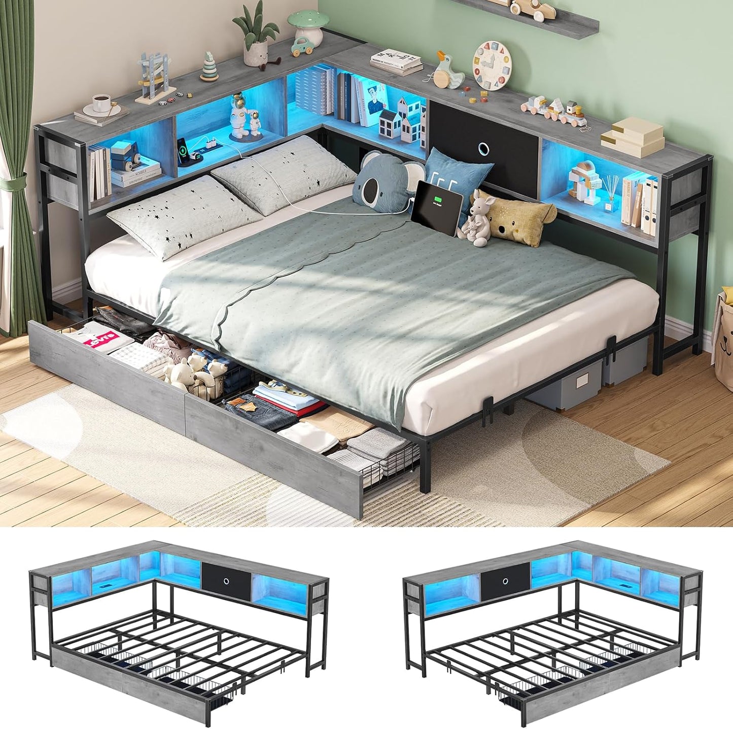 Hasuit Full Corner Bed Frame with Storage and LED Lights