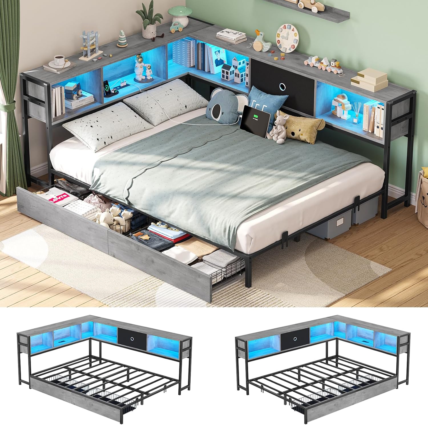 Hasuit Full Corner Bed Frame with Storage and LED Lights