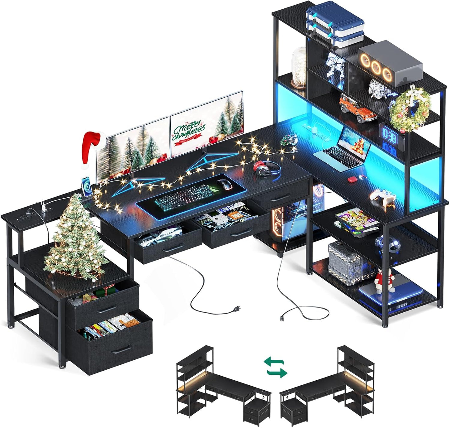 79 Reversible Gaming Desk w/ File Drawers & Power Outlets
