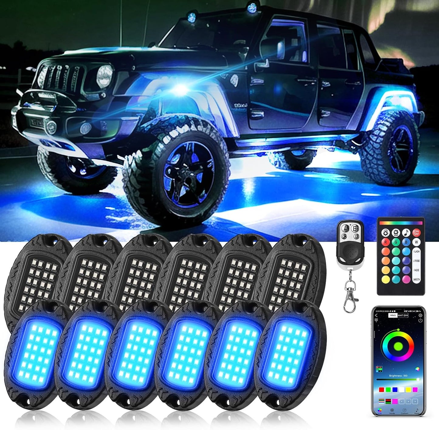 12Pods Metal RGB LED Rock Lights with Bluetooth Control for Trucks