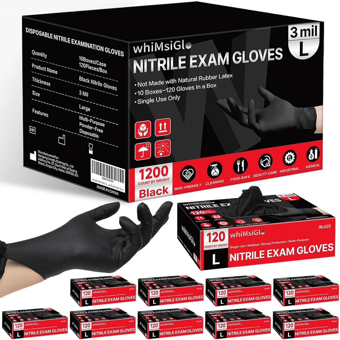3Mil 1200 Black Nitrile Gloves, Latex-Free, Food-Grade