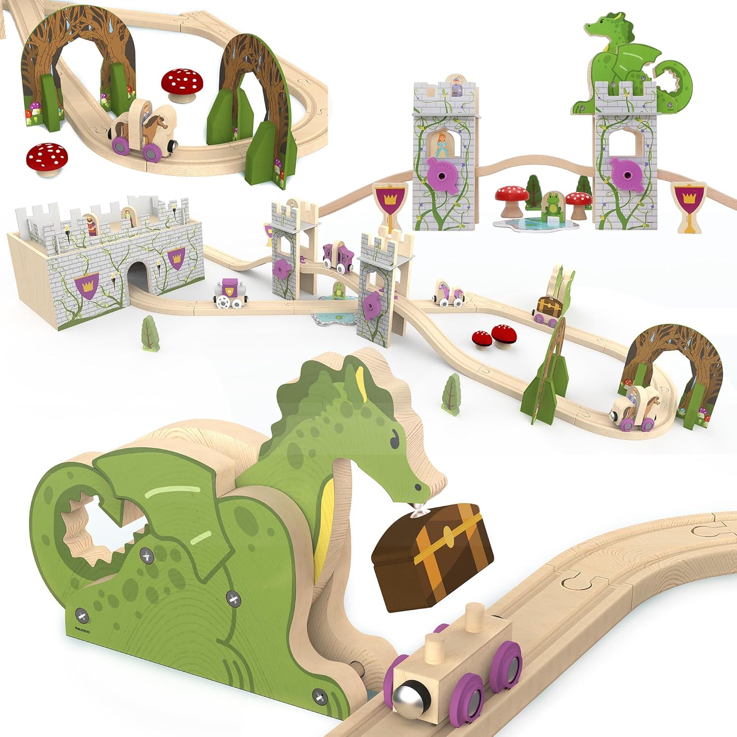 ORBRIUM 68 Pcs Fantasy Kingdom Adventure Wooden Train Set
