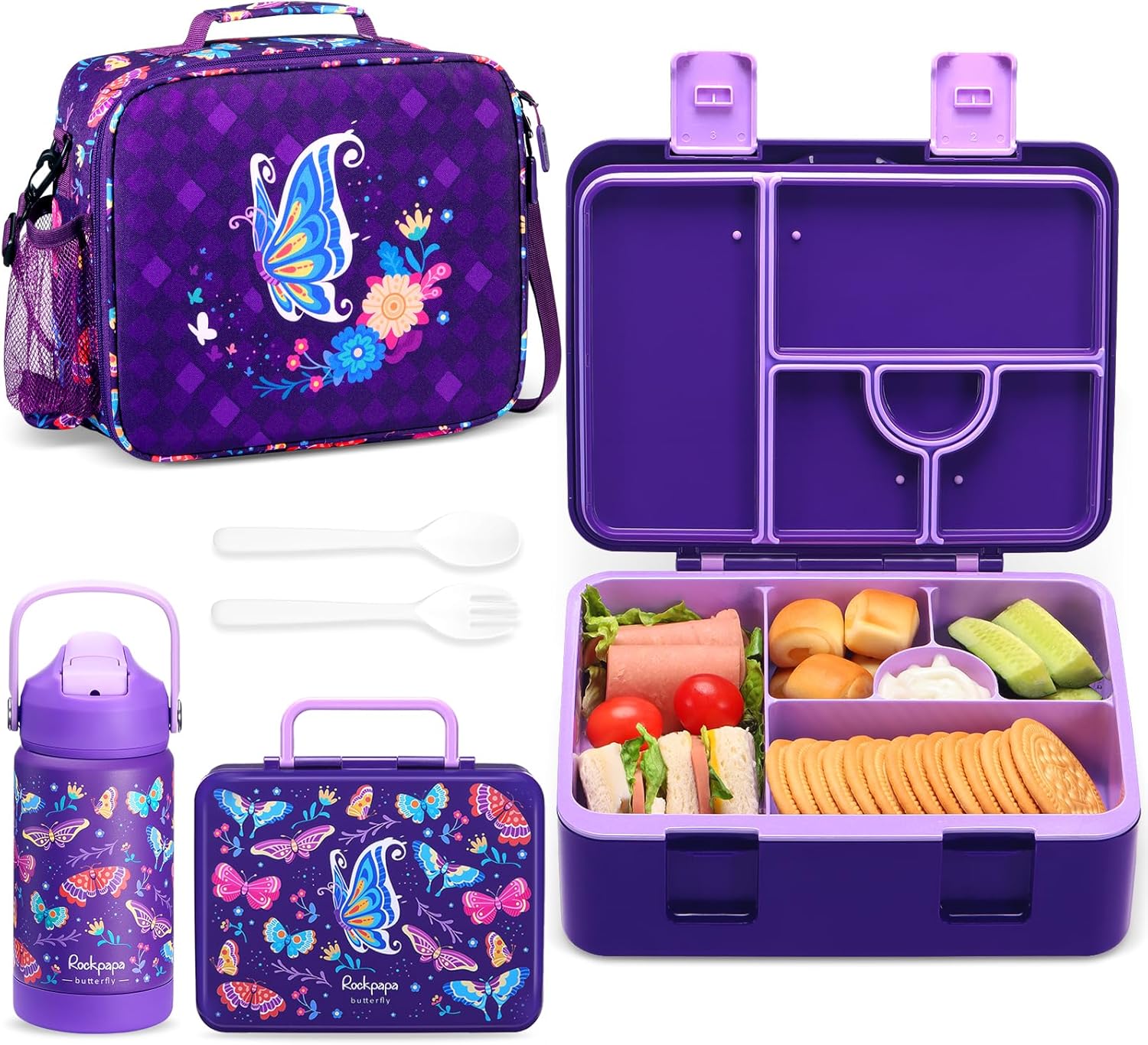 5 Compartment Bento Lunch Box Set for Kids with Insulated Bottle