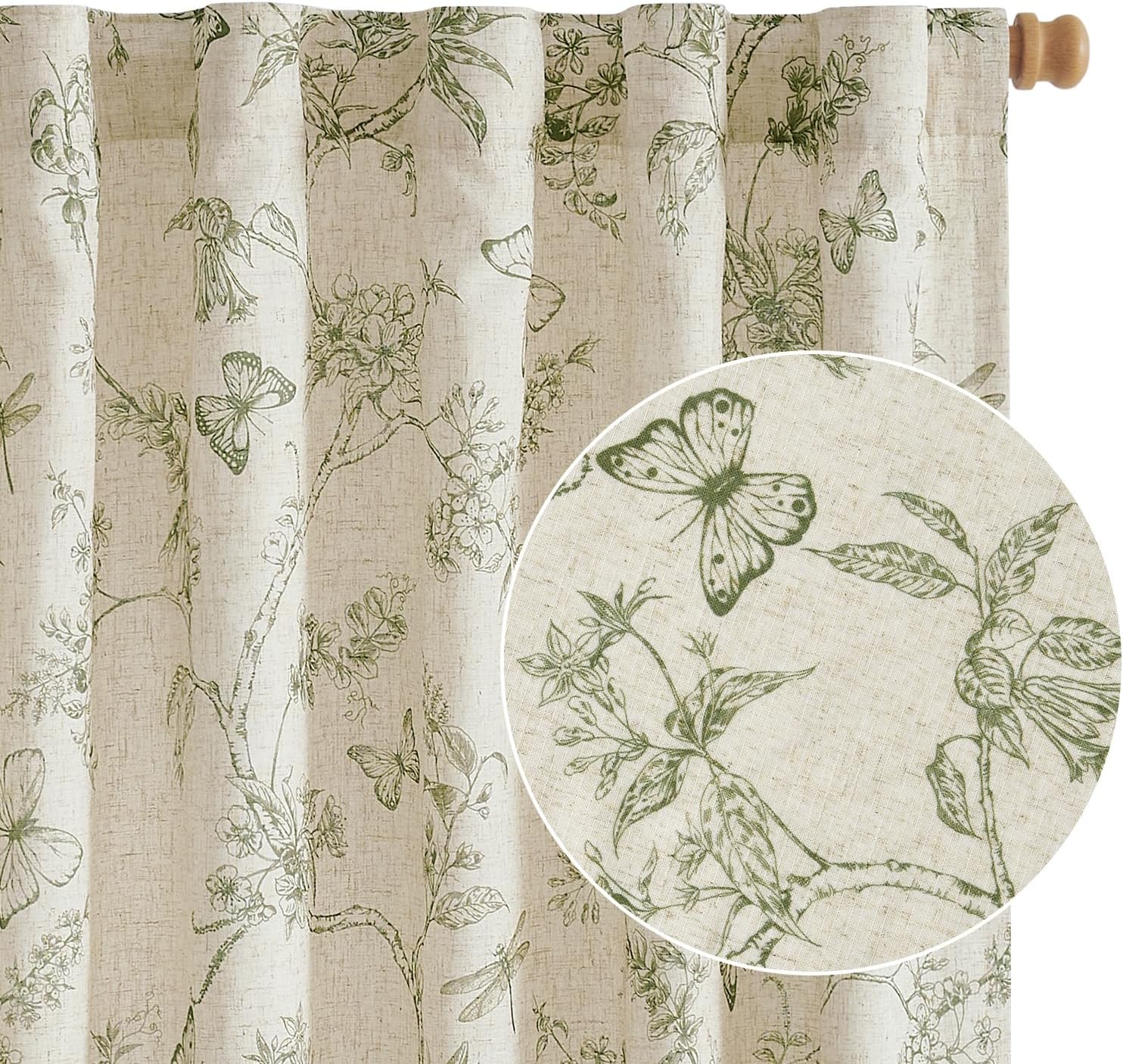 Lined Linen Green Floral Curtains for Vintage Home Decor
