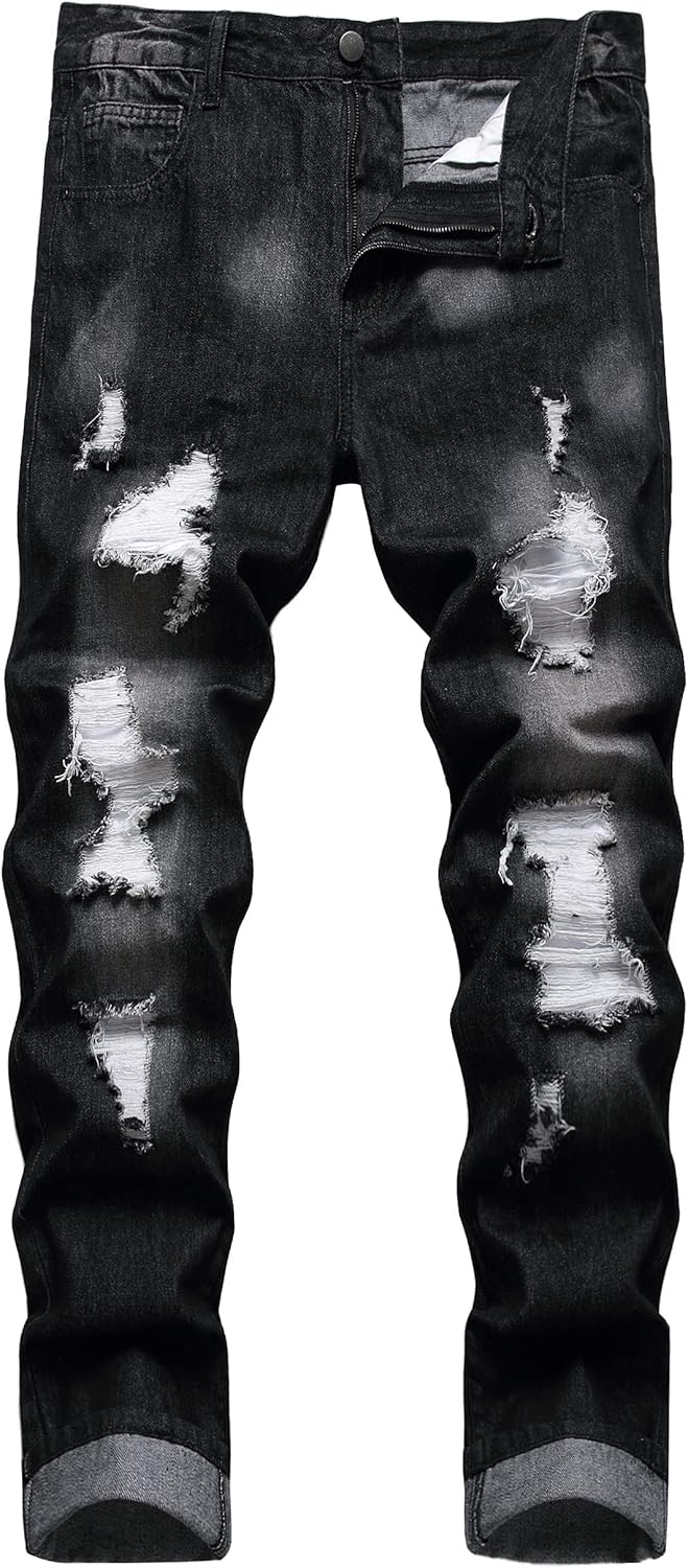 Men Ripped Jeans Slim Fit Straight Leg Denim Pants with Holes