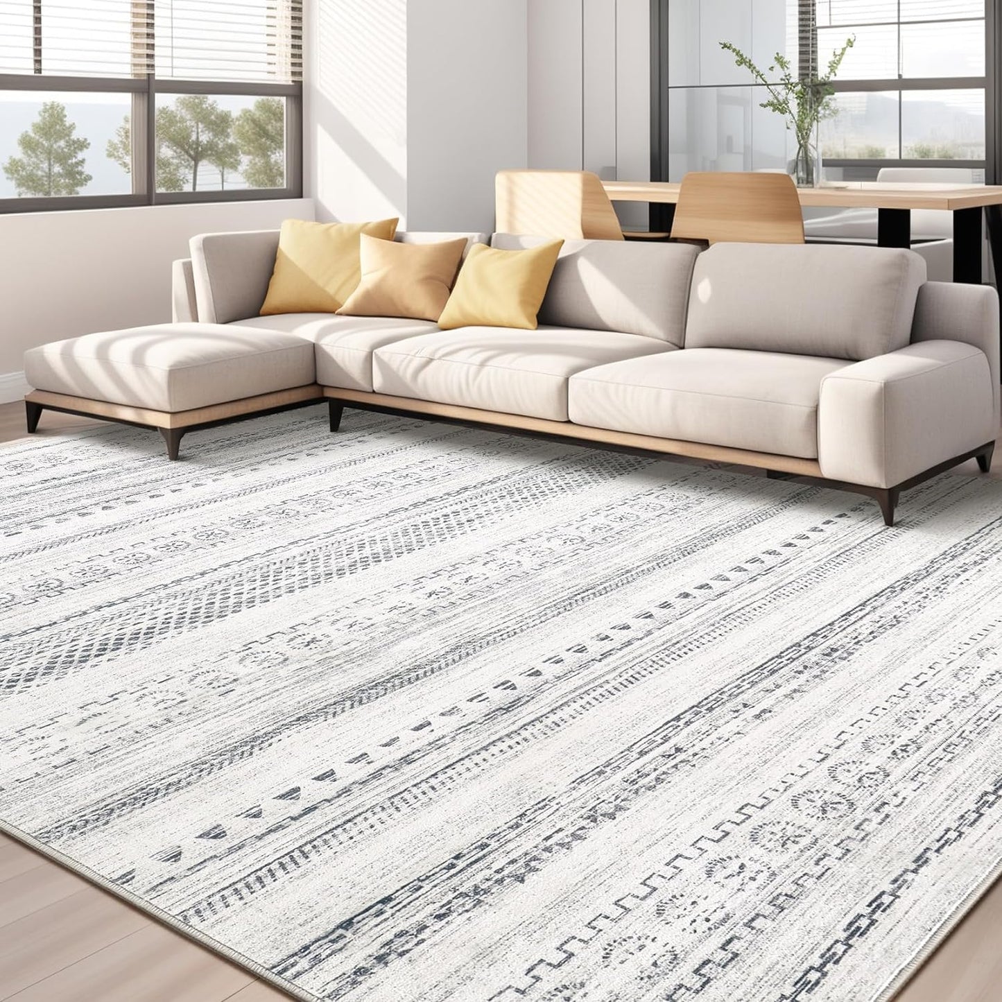 Area Rug Living Room Rugs - 8x10 Washable Boho Moroccan Grey