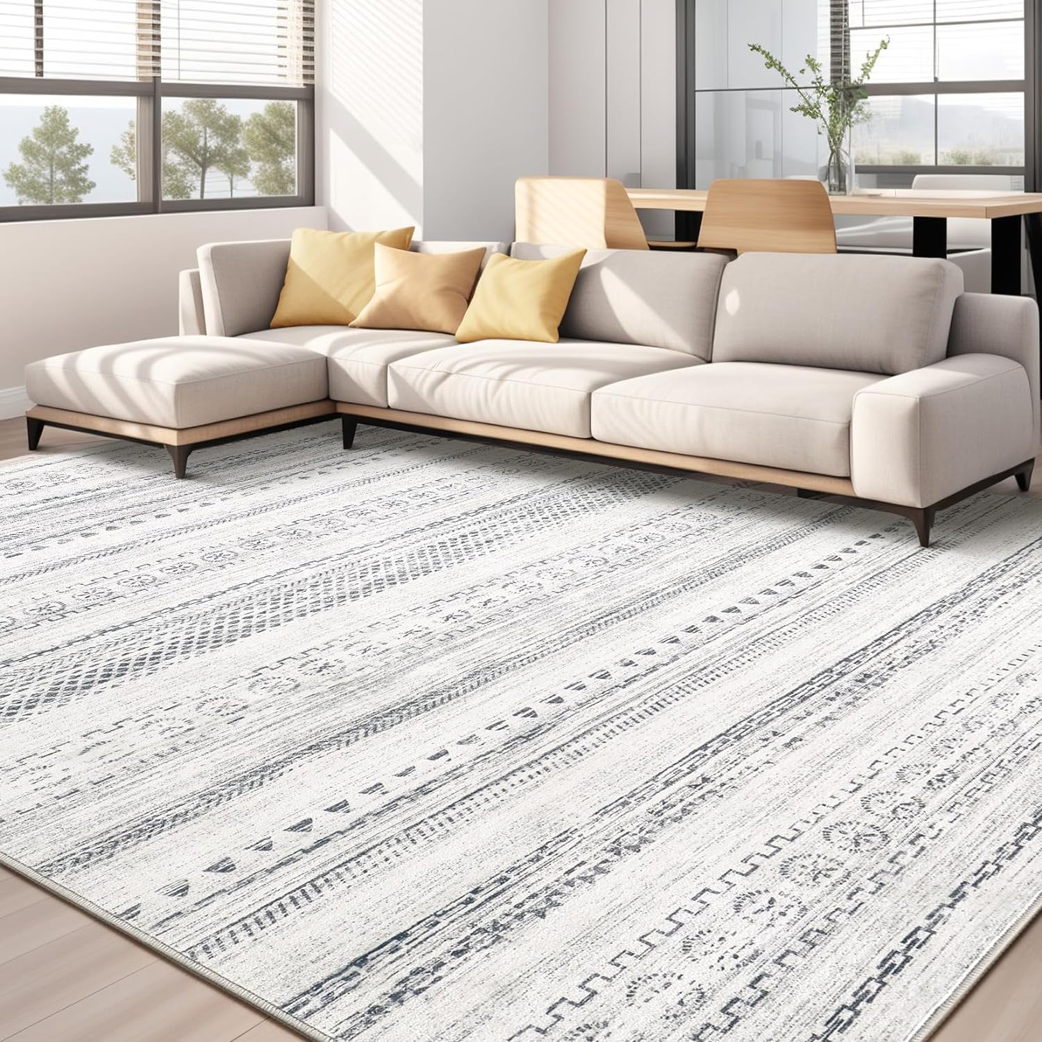 Area Rug Living Room Rugs - 8x10 Washable Boho Moroccan Grey