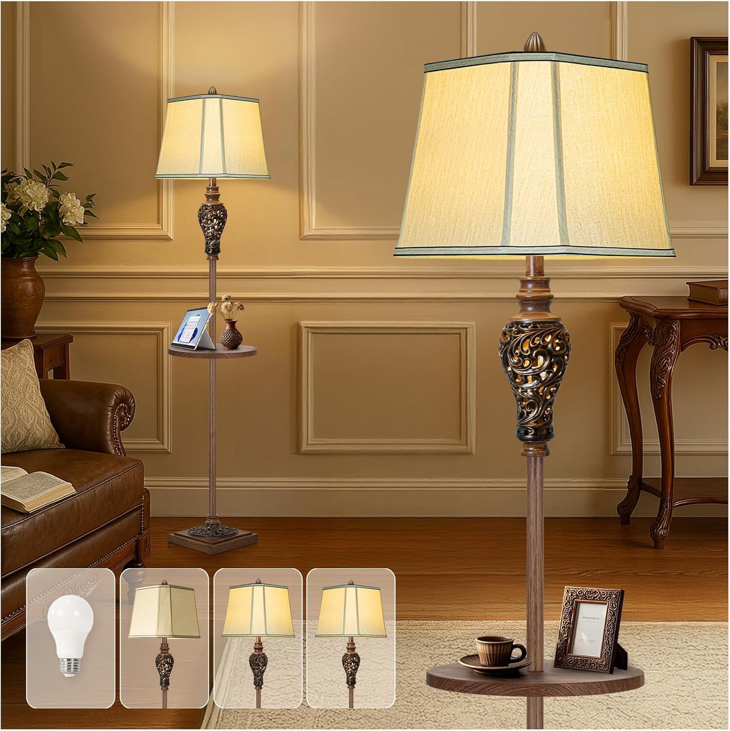65in High Vintage Floor Lamp with Night Light and Glass Tray