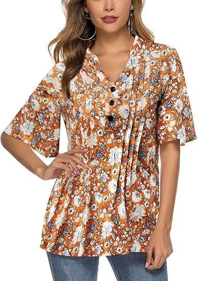 HOCOSIT Women's Floral Print Short Ruffle Sleeve Tunic Tops