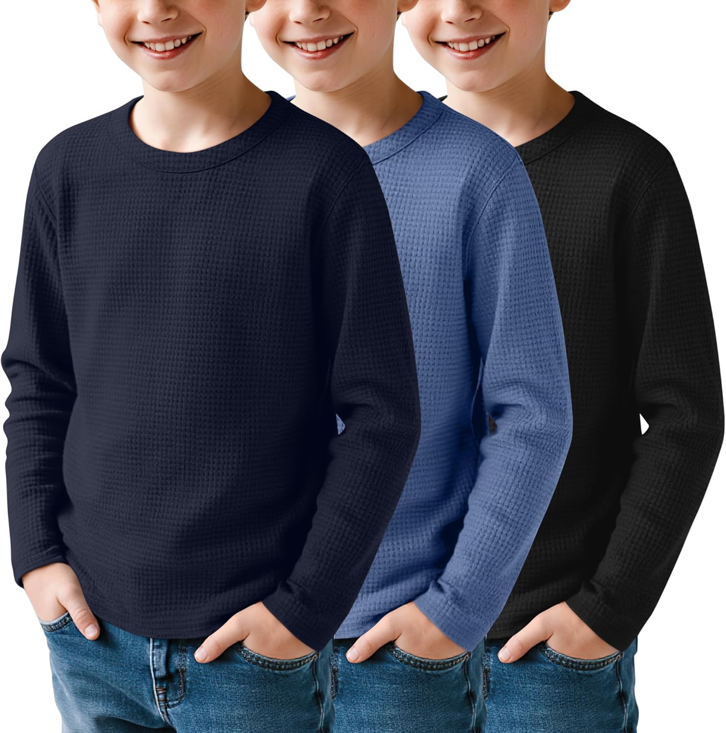 Boys Waffle Long Sleeve T-Shirts 3 Pack for Ages 5-14 Years