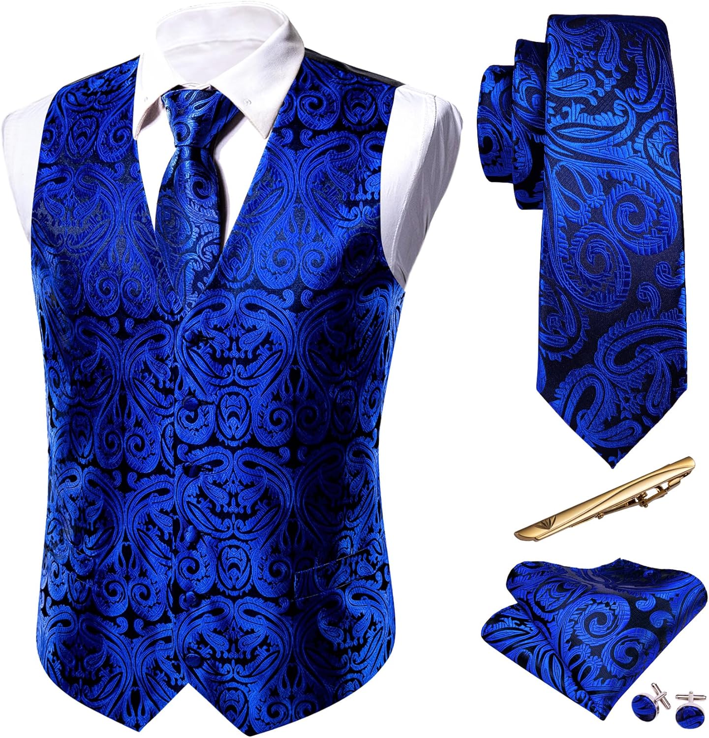 Barry.Wang Men's Suit Vest Set with Tie and Pocket Square
