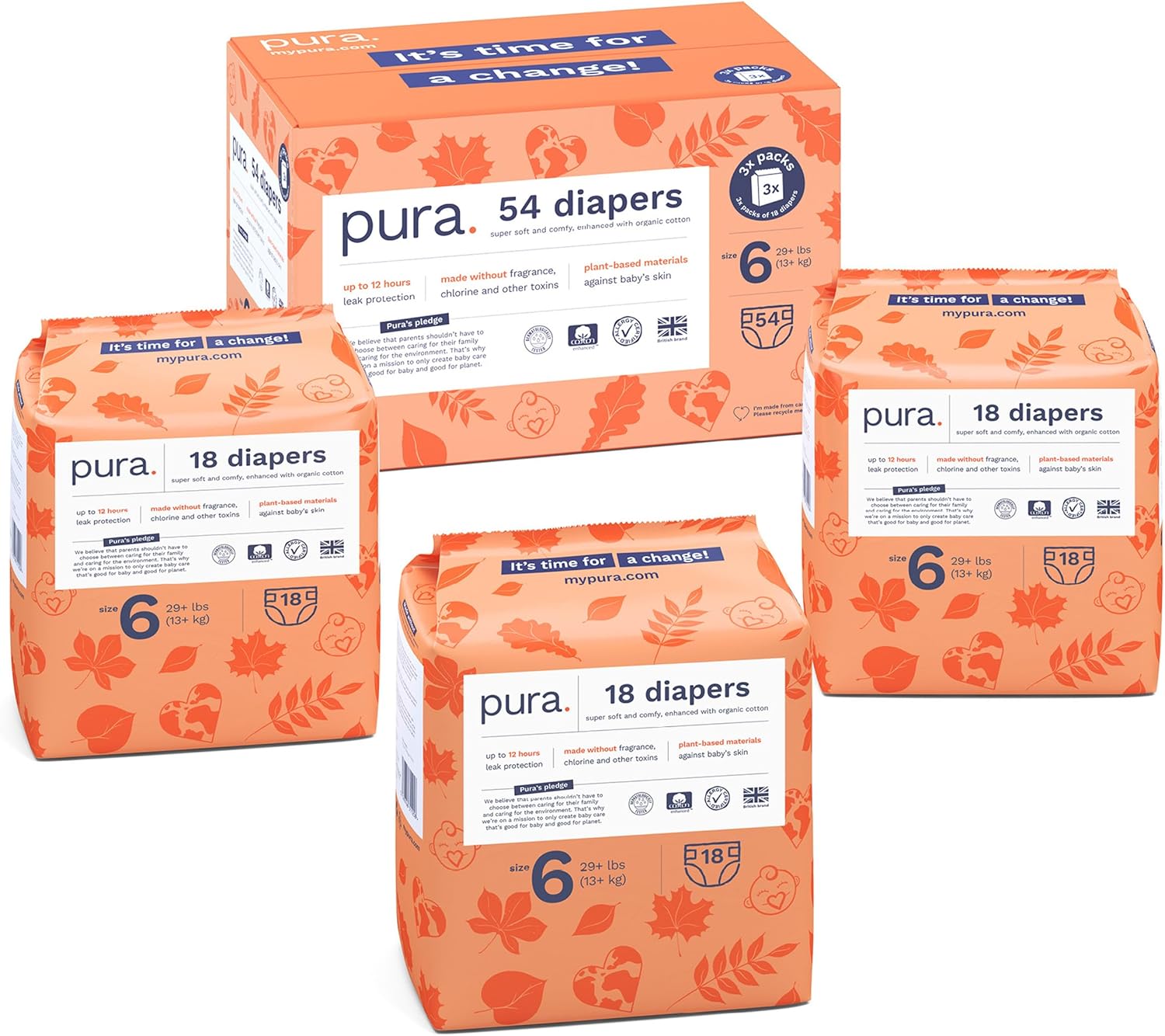 Pura Size 6 Eco-Friendly Diapers for Sensitive Skin and Planet