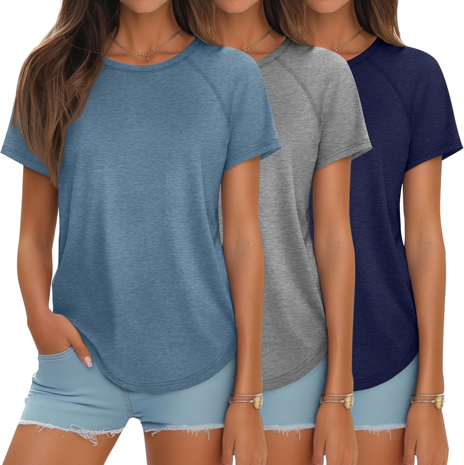 Ficerd 3 Pcs Women Short Sleeve Shirts for Summer Style