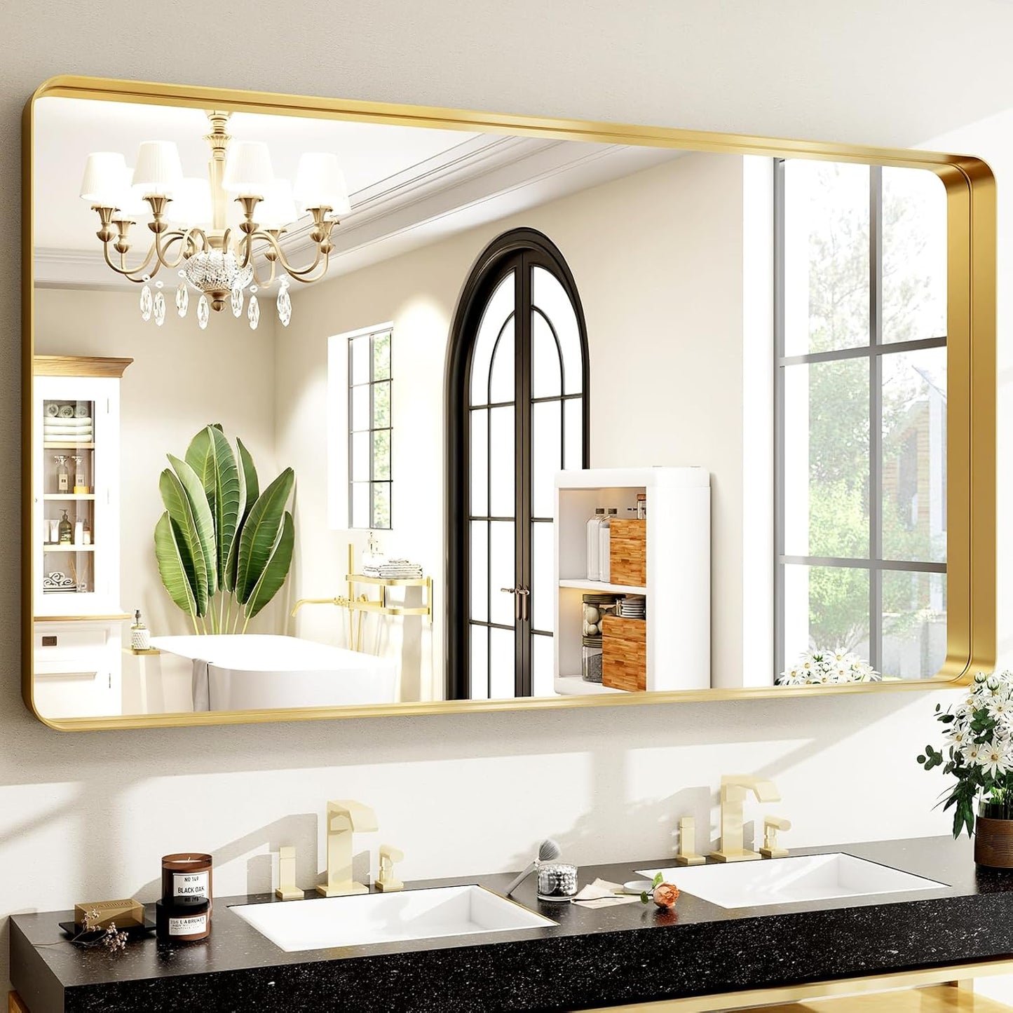 48 x 30 Inch Gold Bathroom Mirror with Shatterproof Glass