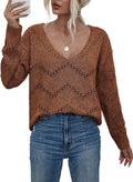 Crochet Sweater Top Hollow Out Long Sleeve Pullover - Cozy V Neck