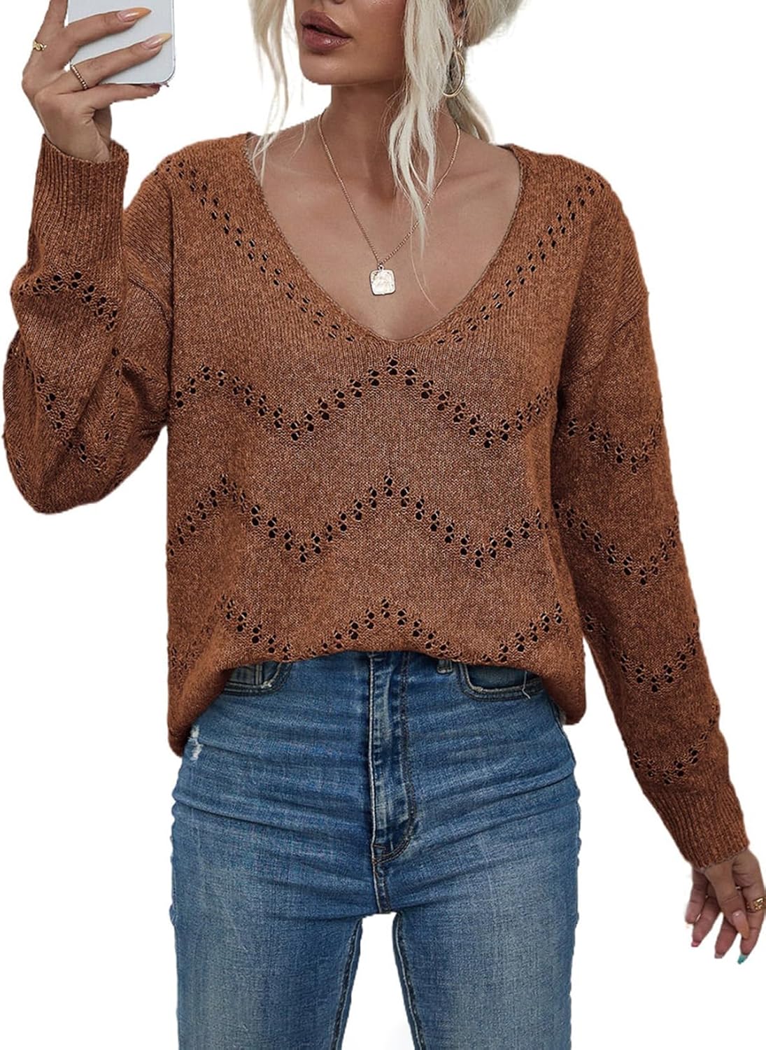 EVALESS Women's Crochet Sweater Top for Cozy Fall Fashion