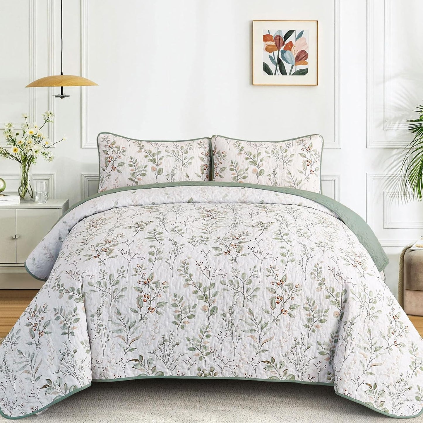 Anibedding Queen Size Quilt Set with Green Floral Pattern
