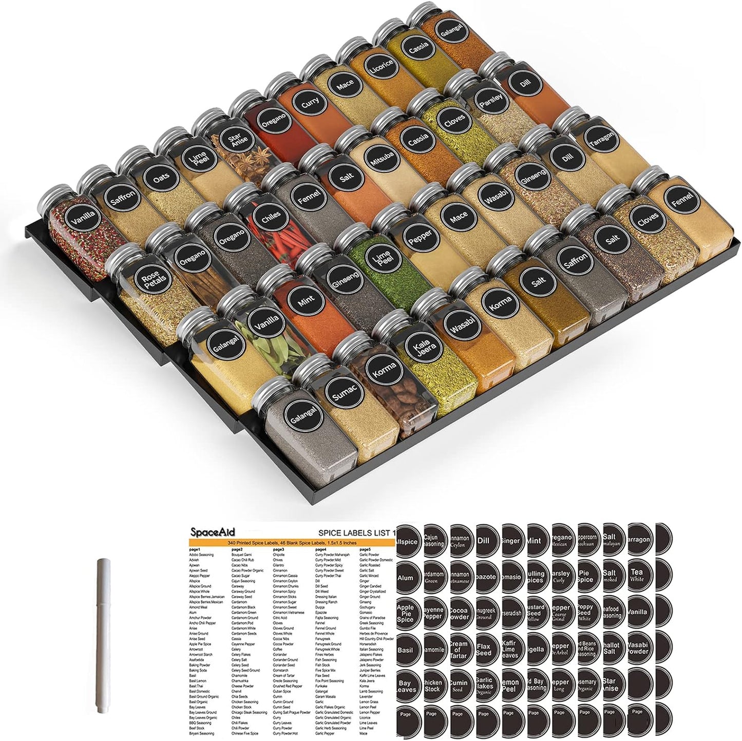 SpaceAid Spice Drawer Organizer with 44 Jars and Labels Set