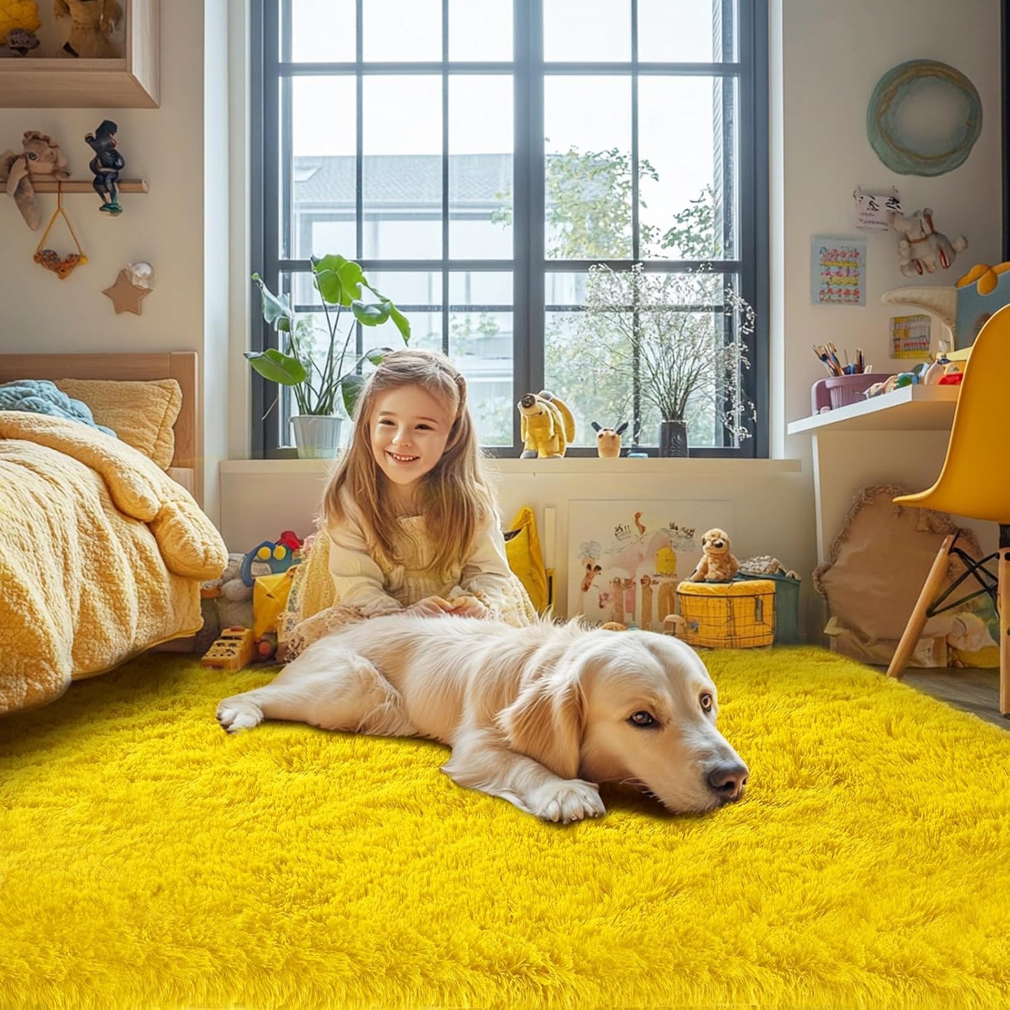 Yellow Fluffy Area Rug for Bedroom - Soft Plush Non-Slip Carpet