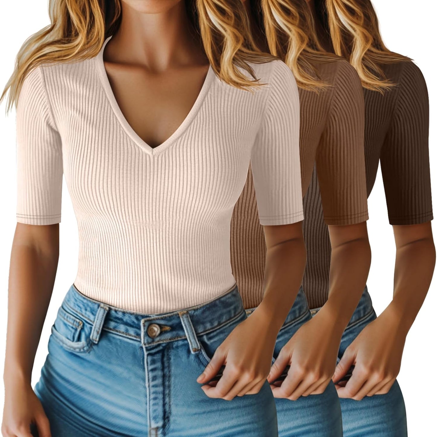 Riyiper Women's Half Sleeve Top V Neck Slim Fit Casual Blouse