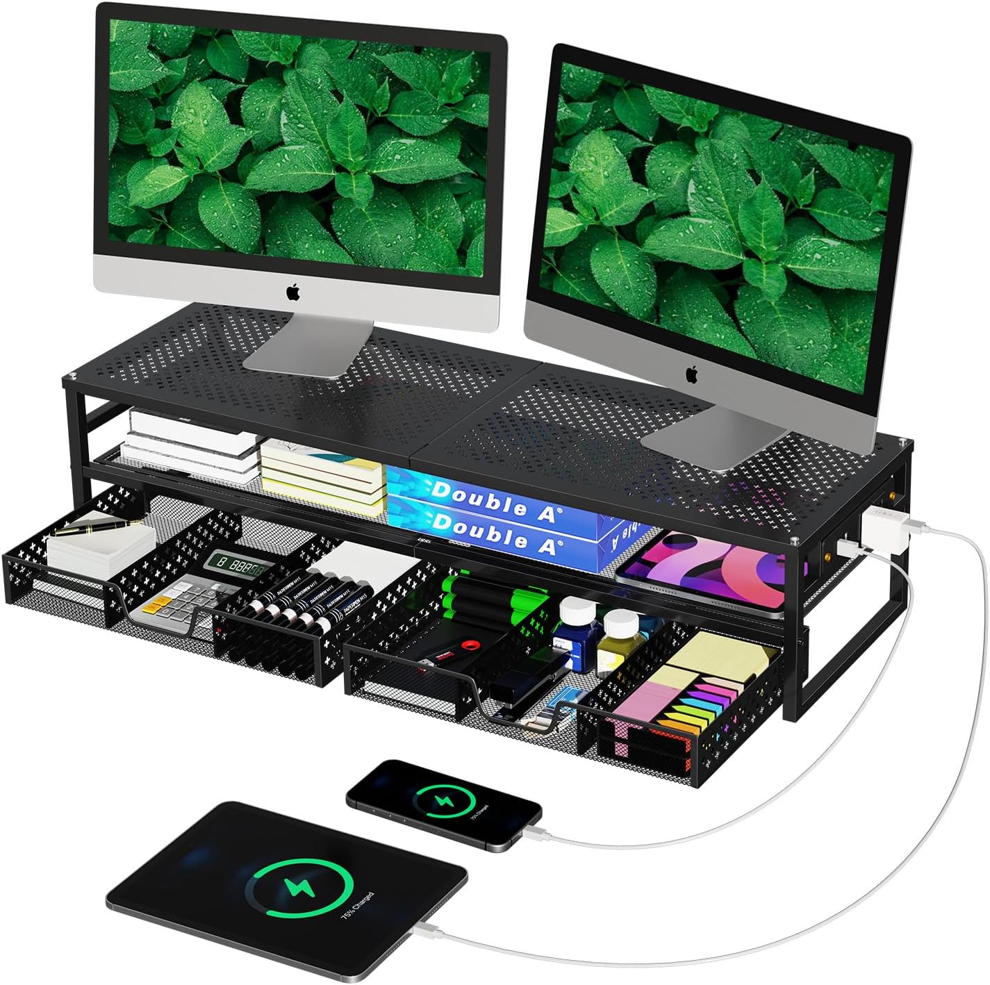 2 Tier Metal Monitor Stand Riser with USB Charging for Organizing