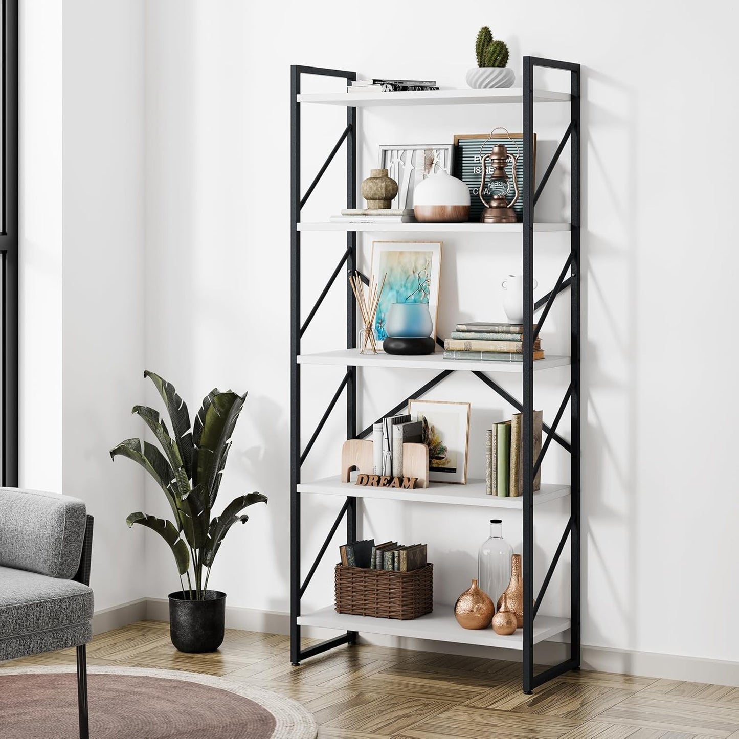 5 Tier Industrial Bookshelf for Modern Home and Office Use