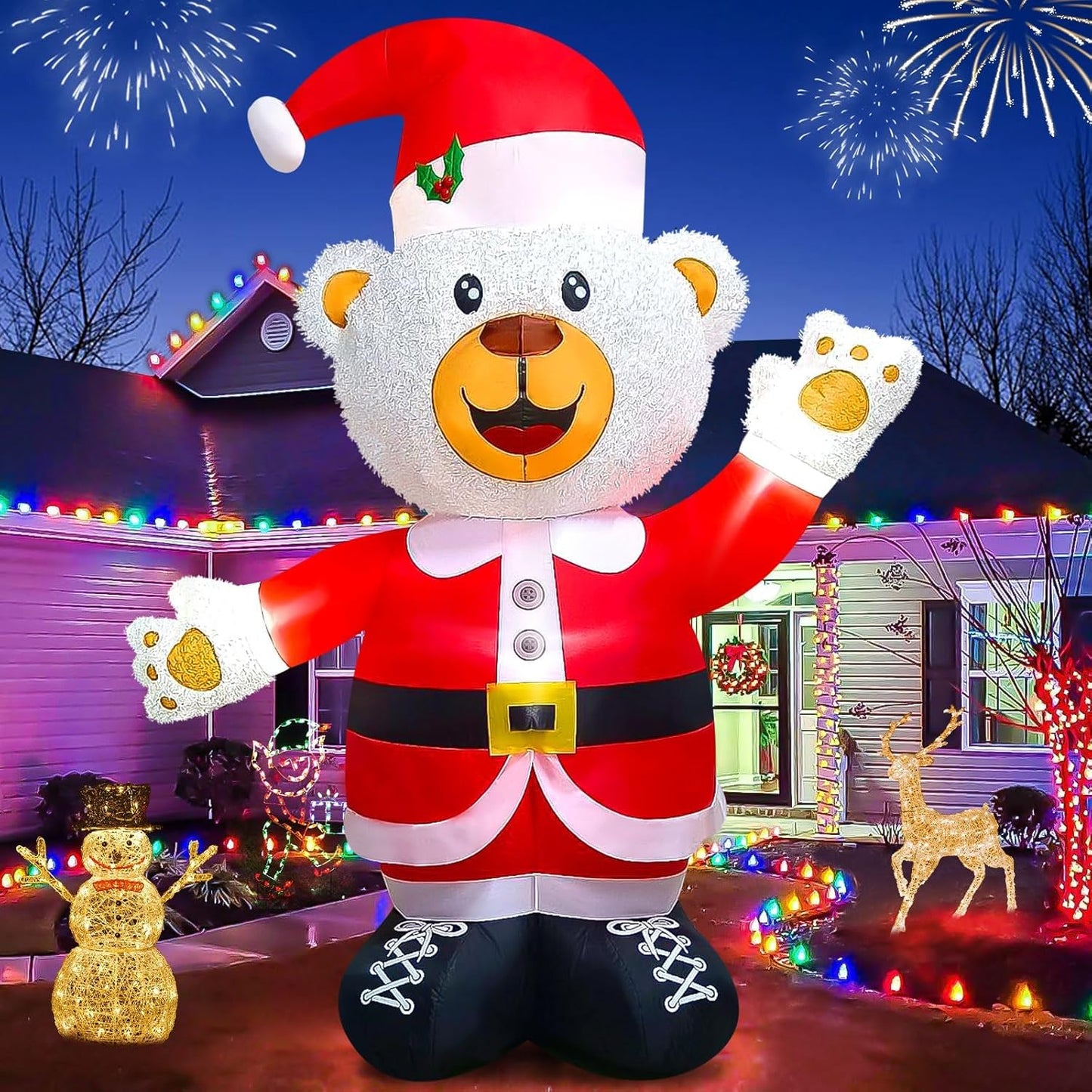 Kalolary 8FT Christmas Inflatable Fluffy Bear with LED Light