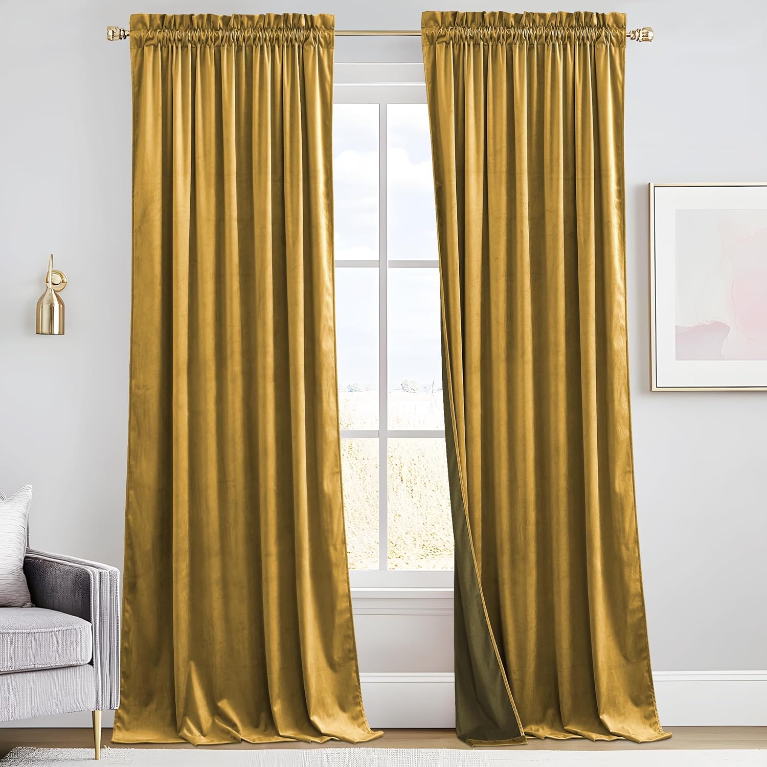 RYB HOME Rich Gold Brown Velvet Curtains for Elegant Living Room