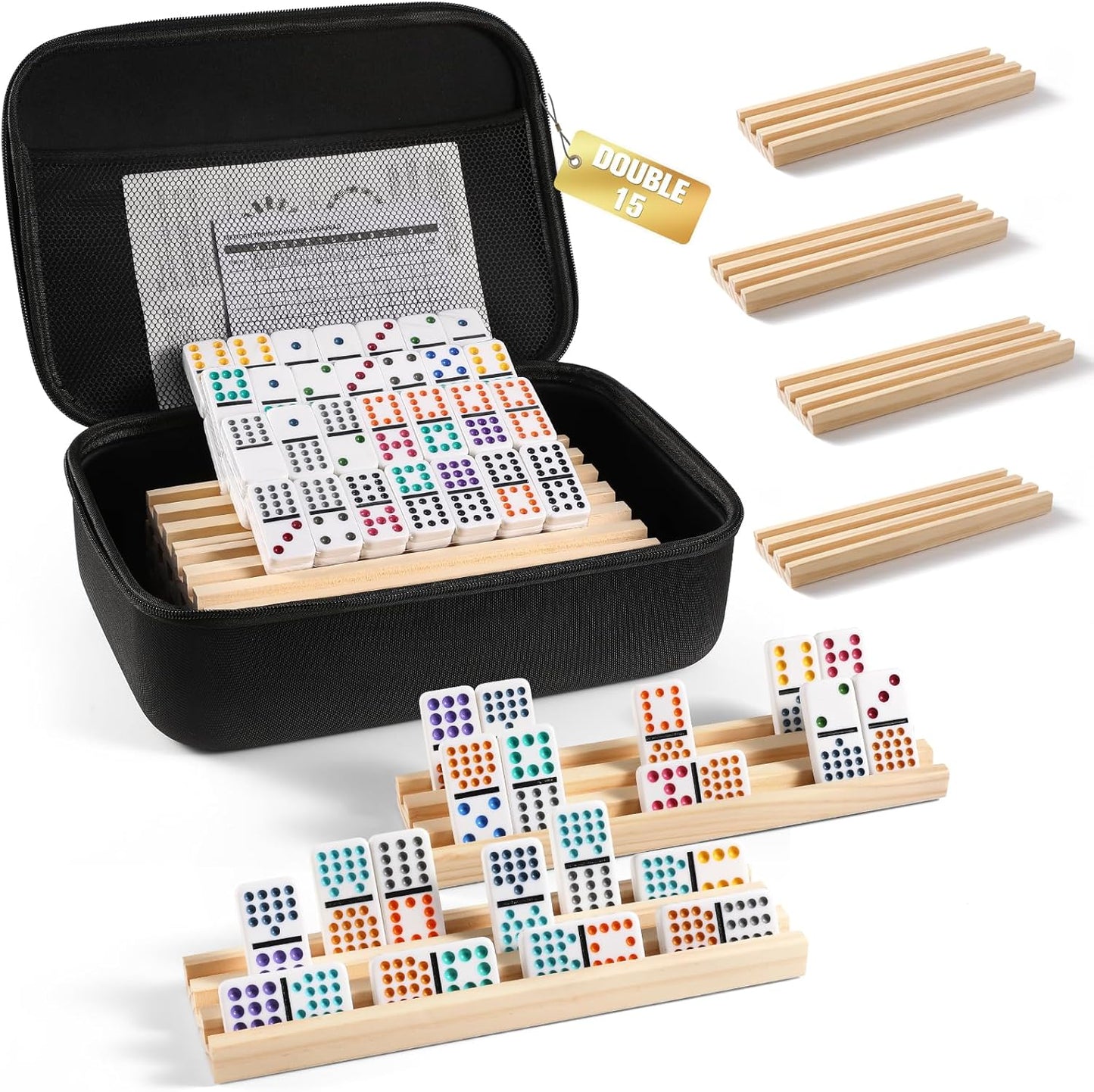 Mexican Train Dominoes Set with 8 Wooden Trays for Family Fun