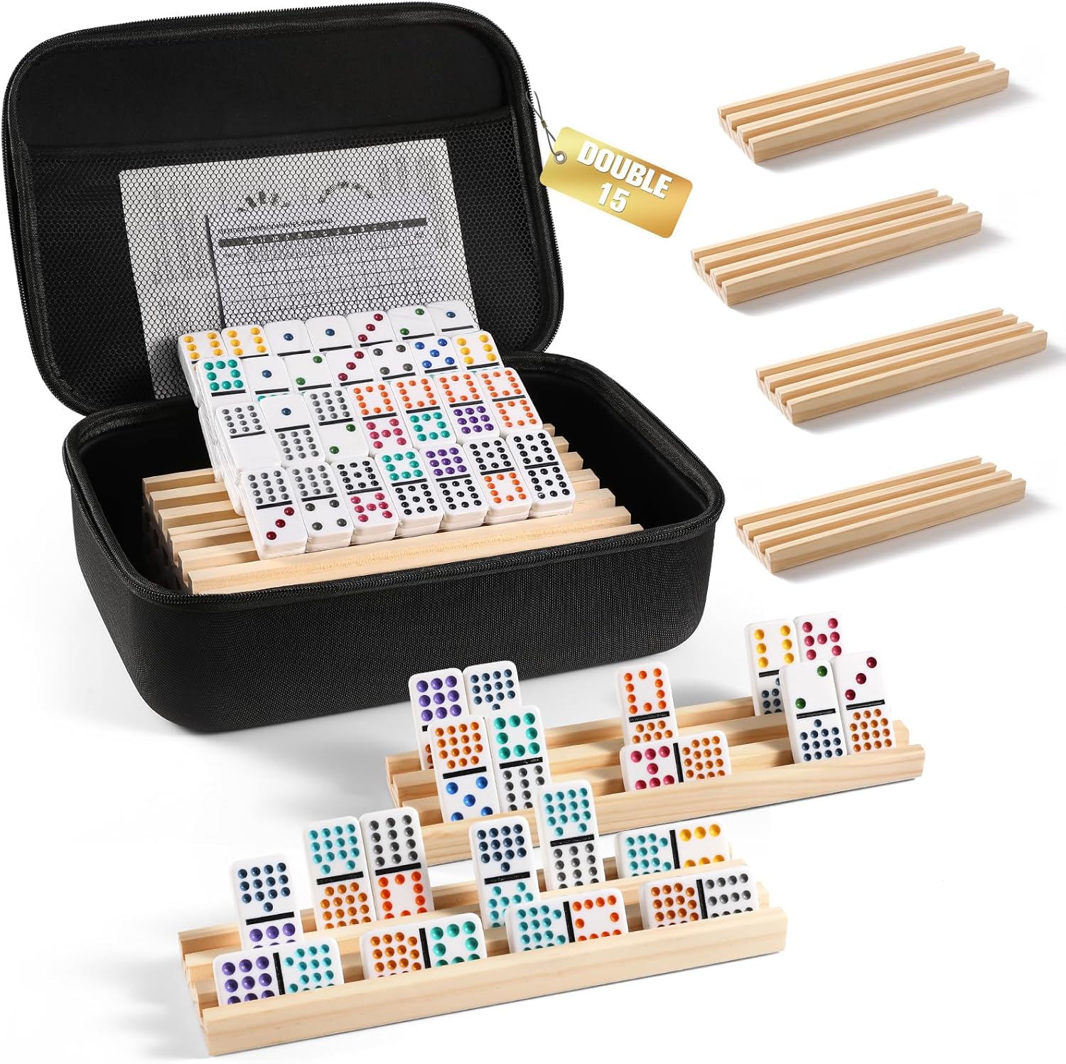 Mexican Train Dominoes Set with 8 Wooden Trays for Family Fun
