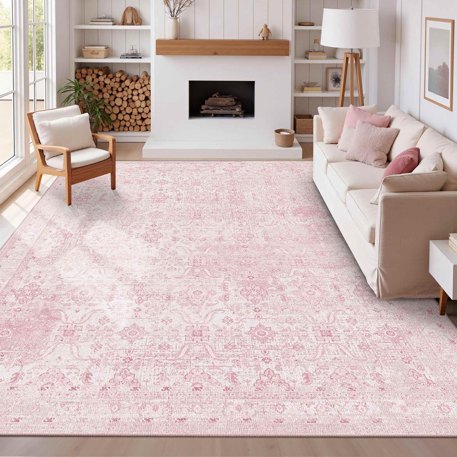 8x10 Area Rugs for Living Room Bedroom - Pink Vintage Floral Rug