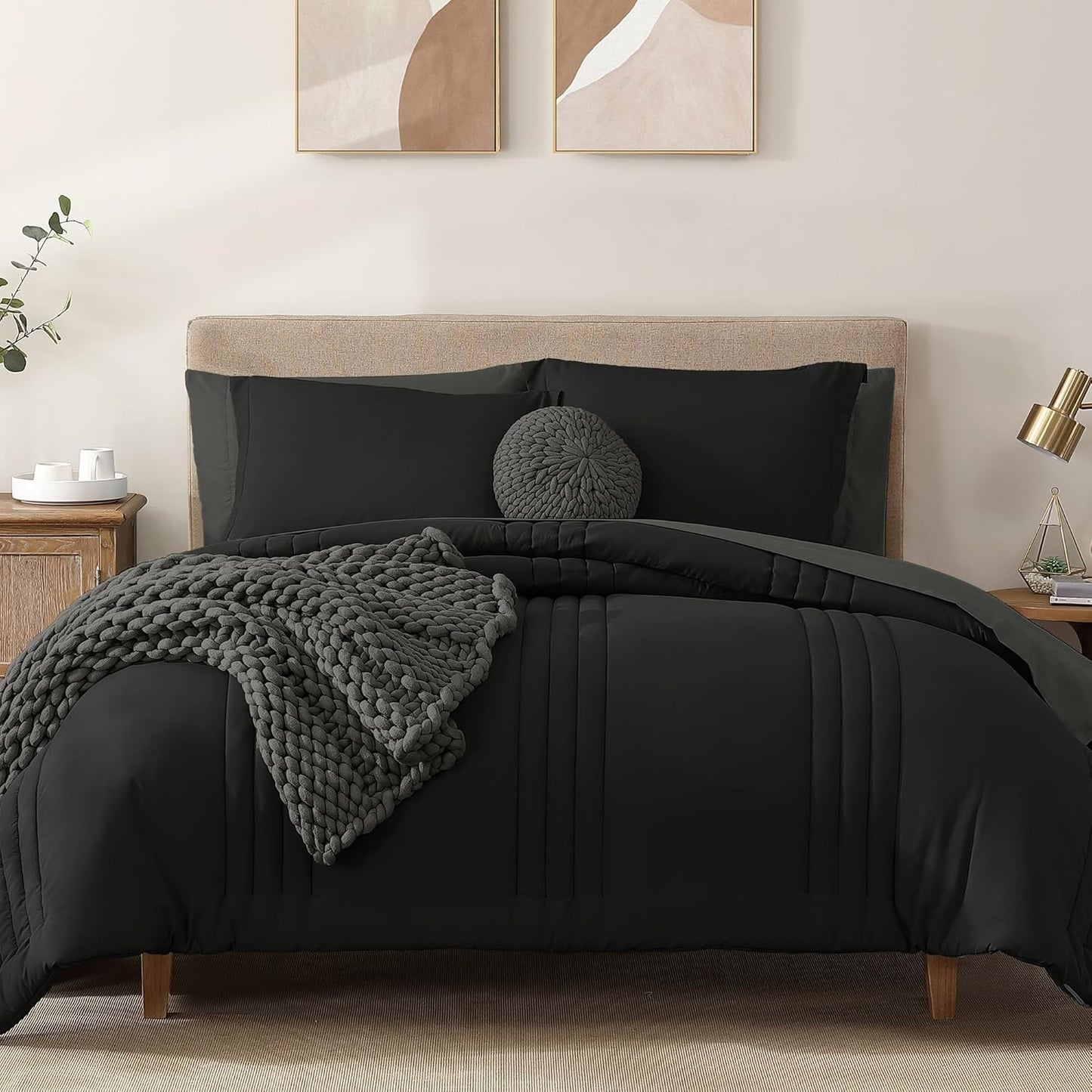 Monbix Full Comforter Set - 7 Pieces Black Bed in a Bag