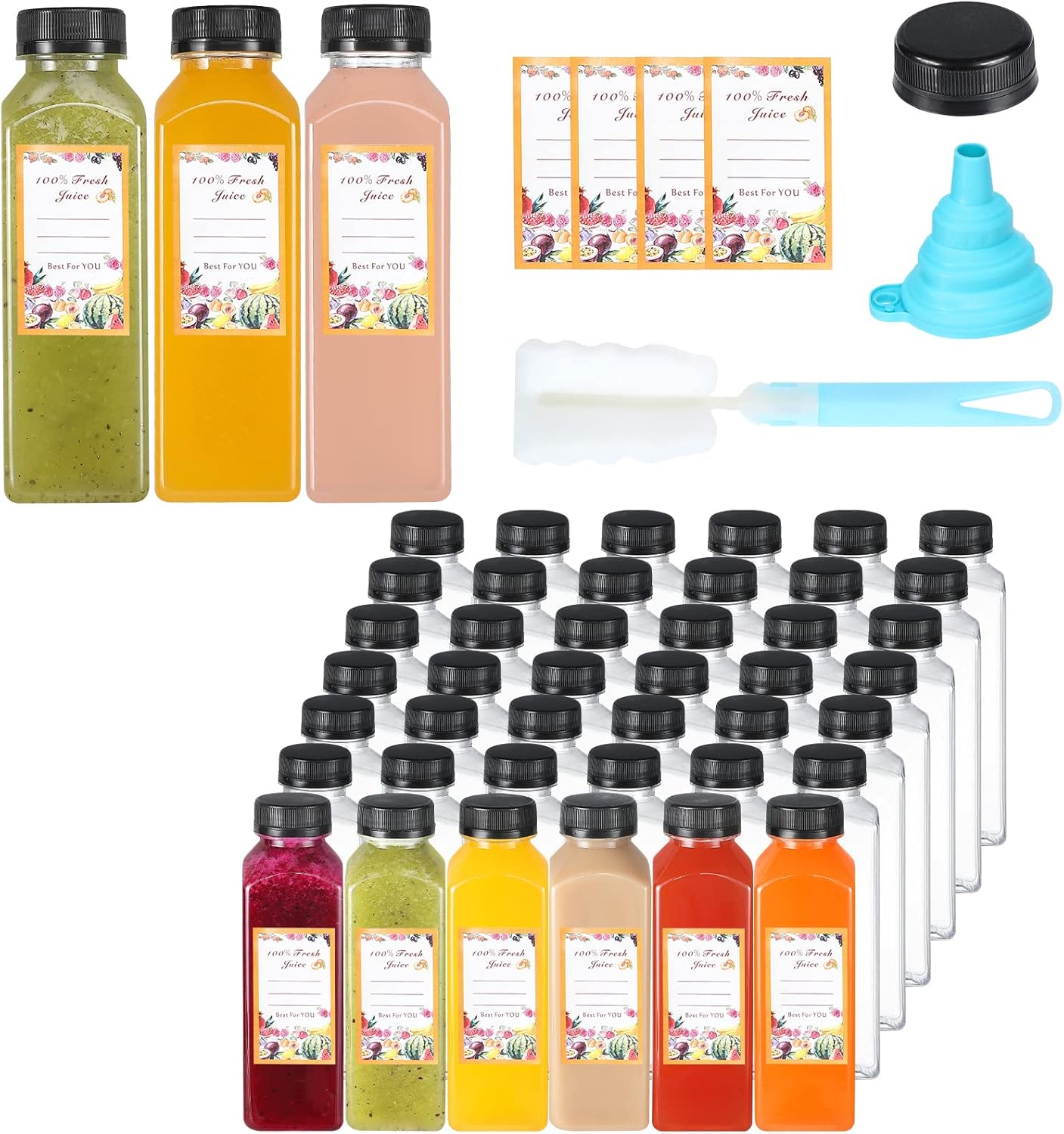 12oz Plastic Juice Bottles Set of 45 with Airtight Caps