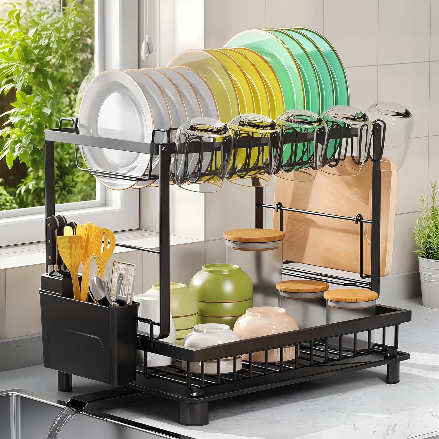 Multifunctional 2 Tier Dish Drying Rack for Kitchen Counter