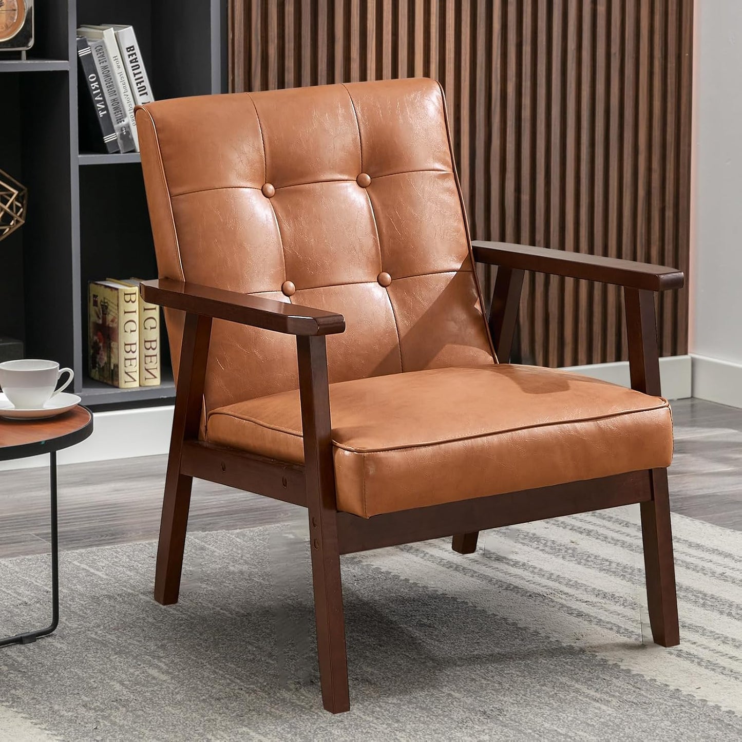 Comfy Retro Accent Chair, Solid Wood Frame, Orange