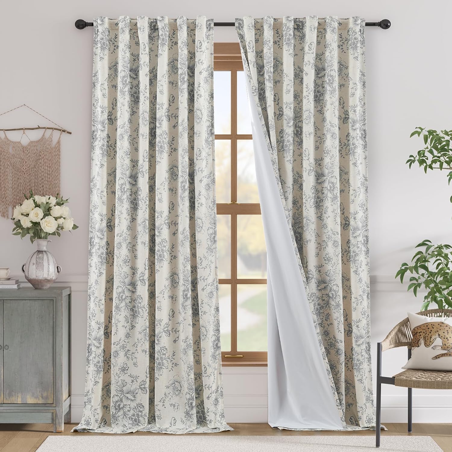 Elegant Floral Blackout Linen Blend Curtains for Home Decor
